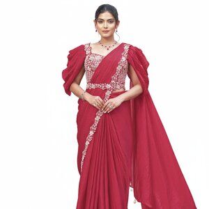 Elegant Women's Satin Silk Red Saree with Sequins and Pearl Work